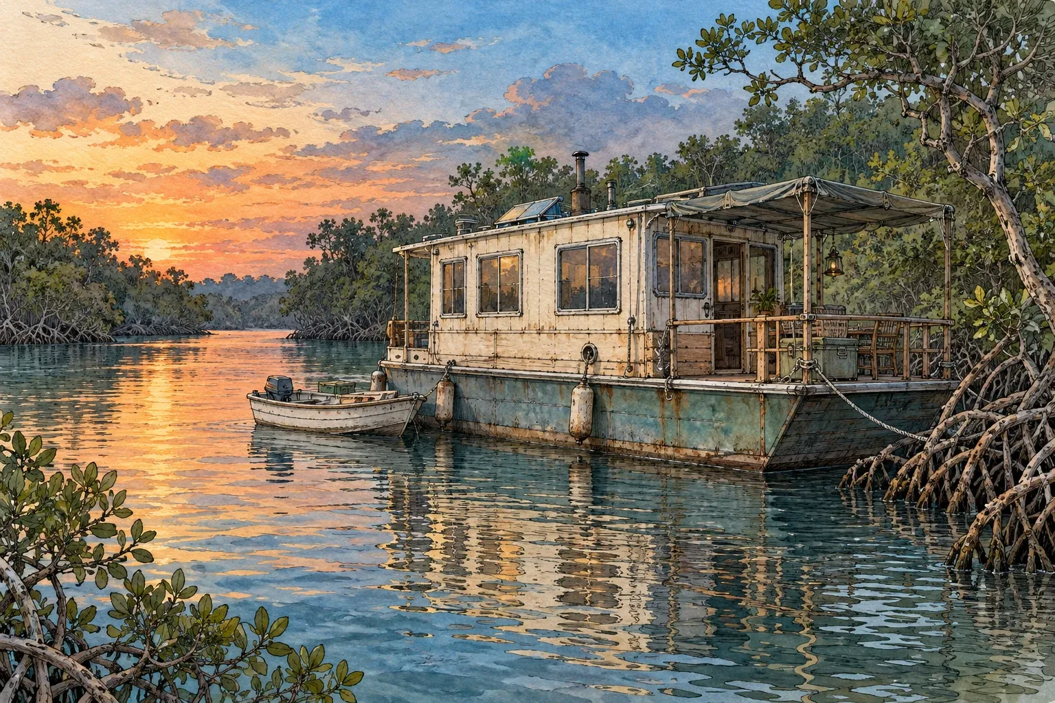 A houseboat moored in the mangroves at dusk, a skiff tied alongside