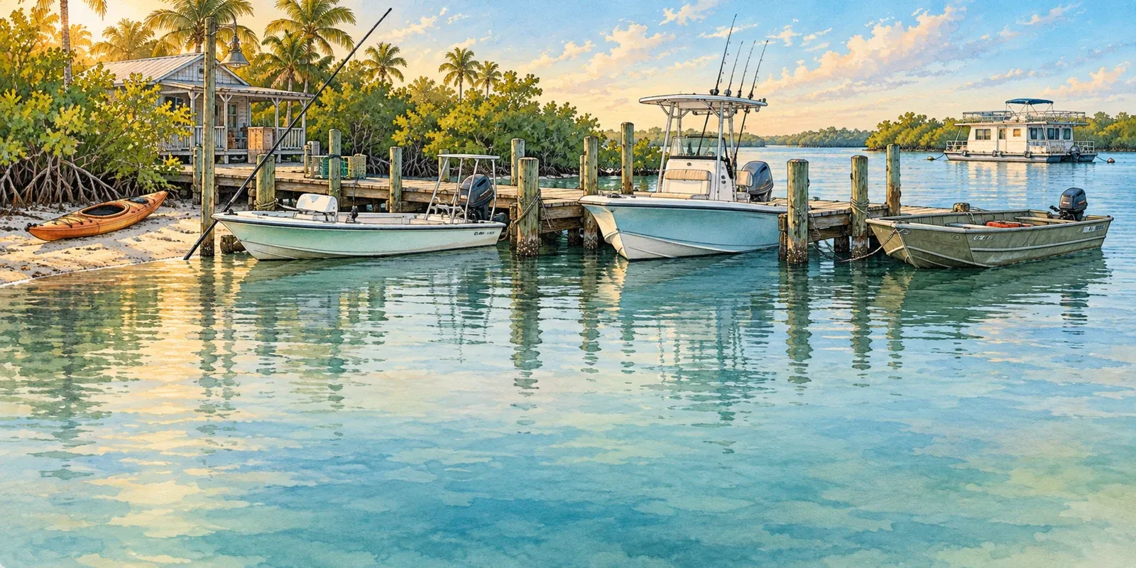 The marina at Chokoloskee: a skiff, a bay boat and a houseboat at the dock