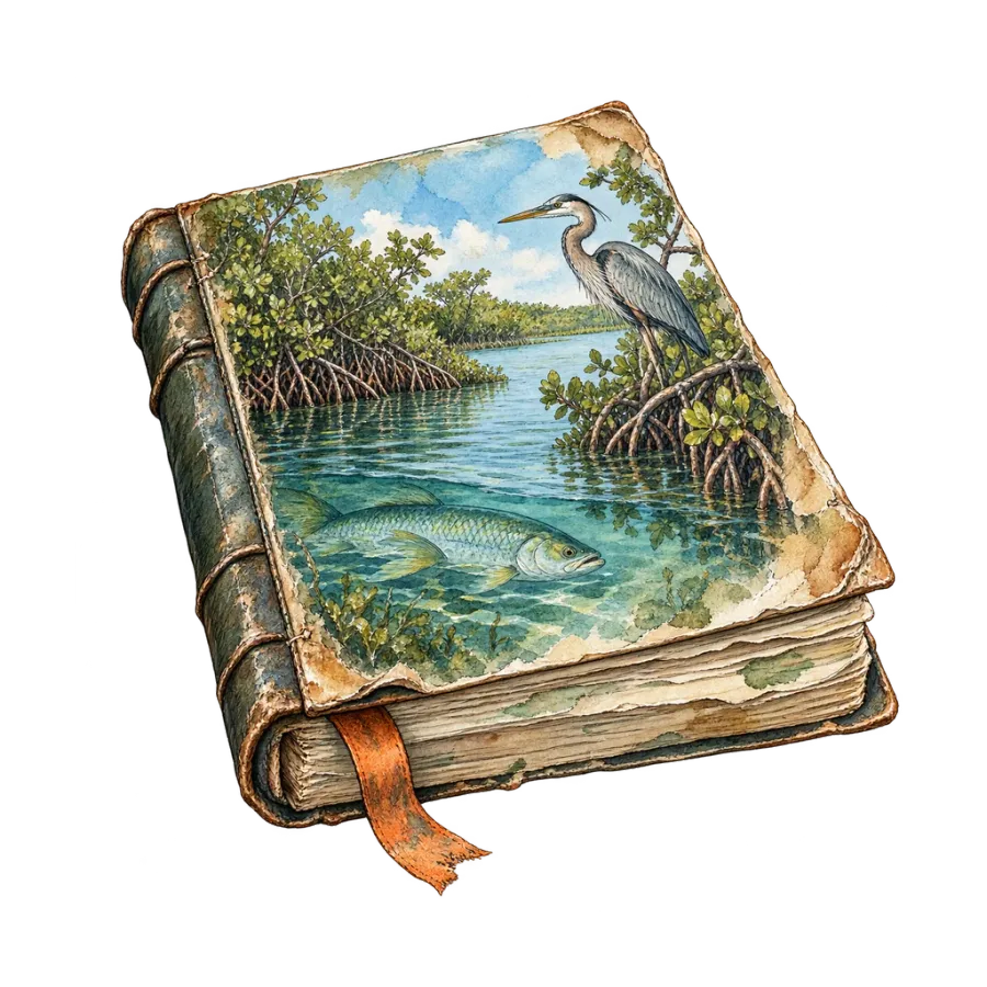 The Guidebook: a thick, water-stained journal with a heron and mangroves painted on its cover