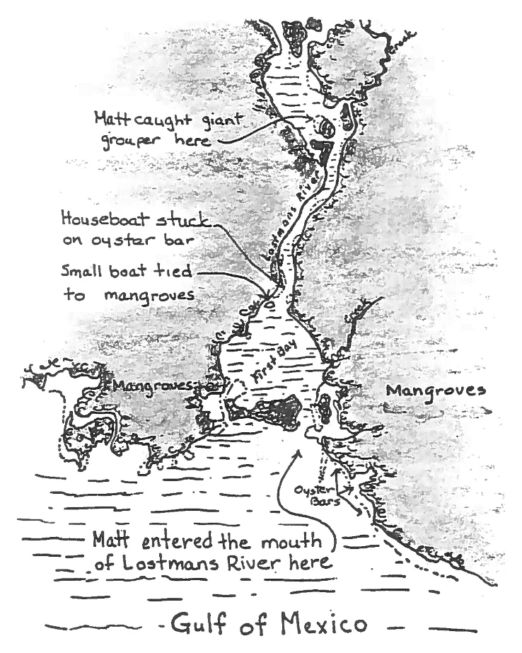 Hand-drawn map of Lostman's River with annotations