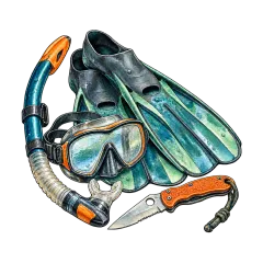 Snorkel, fins, pocketknife